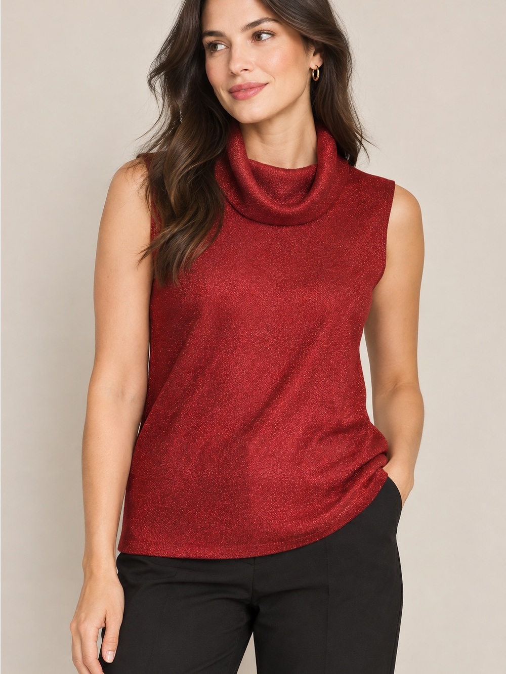 Pierre Cardin Sleeveless Metallic Red Cowl Neck Muscle Tee Holiday Outfit